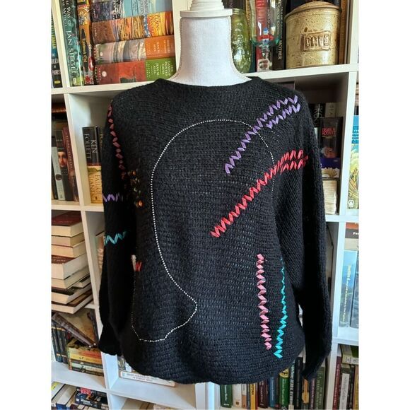 Lillie Rubin Black Sweater with Vibrant Stitching - Picture 2 of 9